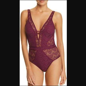 Becca Color Play Crochet Plunge One Piece Swimsuit in Raisin - Small